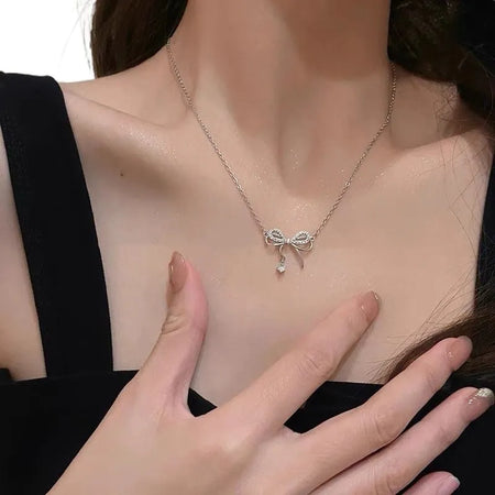 Silver Beautiful Crystal Bow Tie Zircon Pendant Necklace Clavicle Chain Korean Style For Girls Korean Jewellery