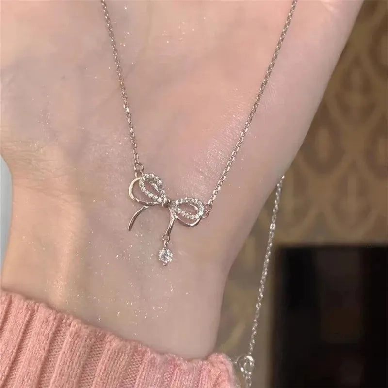 Silver Beautiful Crystal Bow Tie Zircon Pendant Necklace Clavicle Chain Korean Style For Girls Korean Jewellery